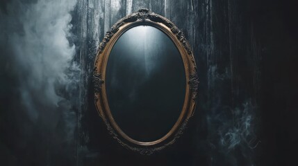 Antique oval mirror with ornate gold frame and atmospheric smoke effect