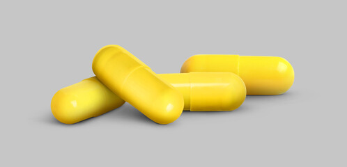 Antibiotic pills. Yellow capsules on grey background. Banner design