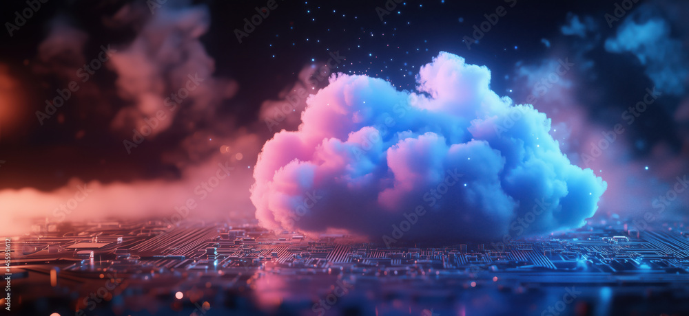 Aufkleber digital cloud computing concept with vibrant colors and circuit board background.