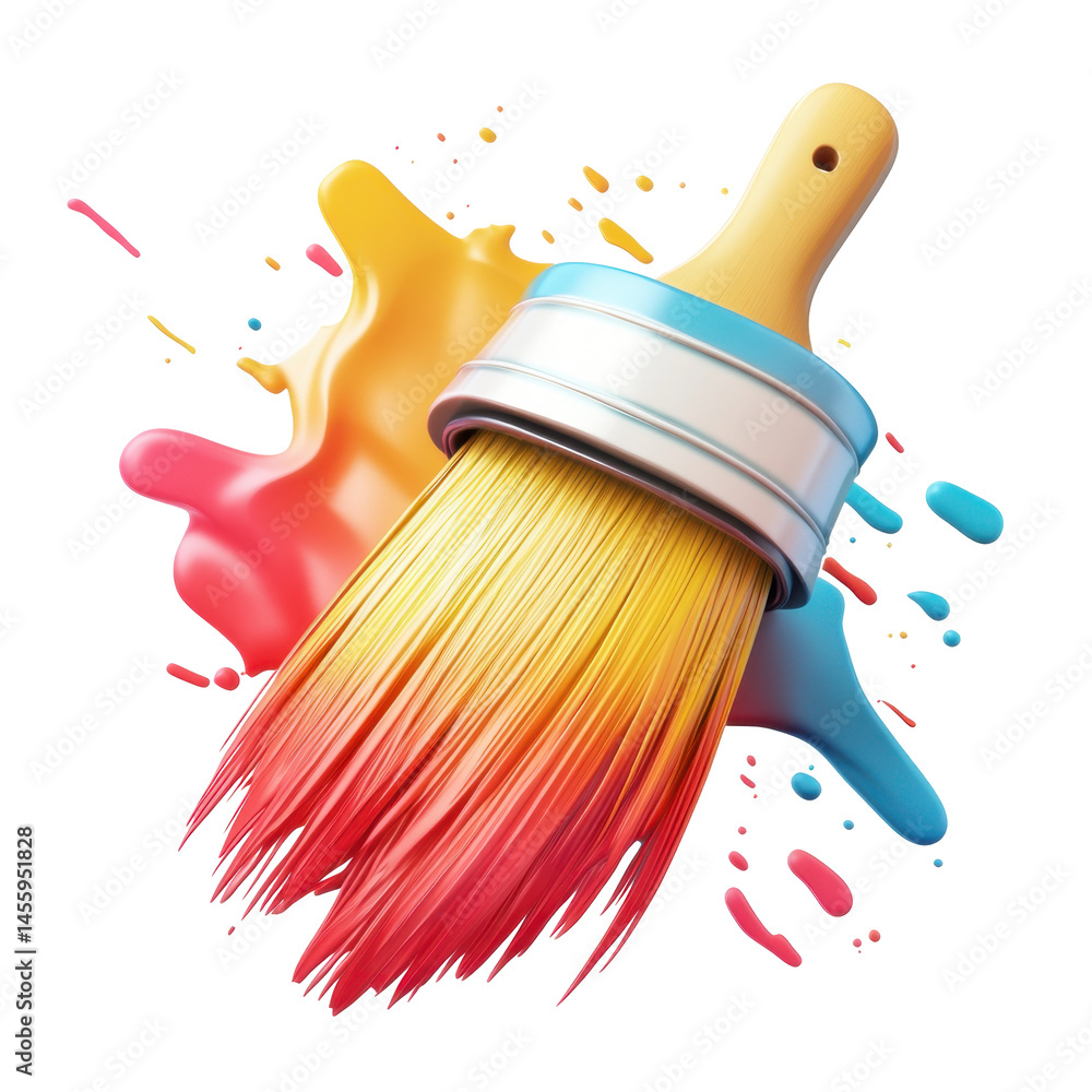 Poster brush with vibrant colors creating a splash of paint on a canvas in a creative workshop setting