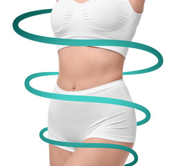 Beautiful woman with perfect figure on white background, closeup. Ribbon around her body. Result of...