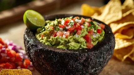 Fresh guacamole with corn tortilla chips and vibrant ingredients