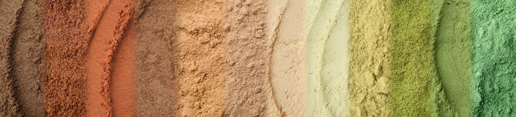 Different superfood powders as background, collage. Banner design