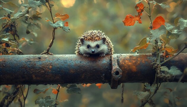 Cute Hedgehog Sitting on Rusty Pipe Surrounded by Colorful Leaves in Nature