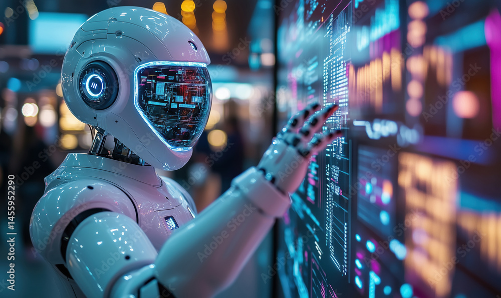 Aufkleber futuristic robot interacting with digital interface in modern technology environment.