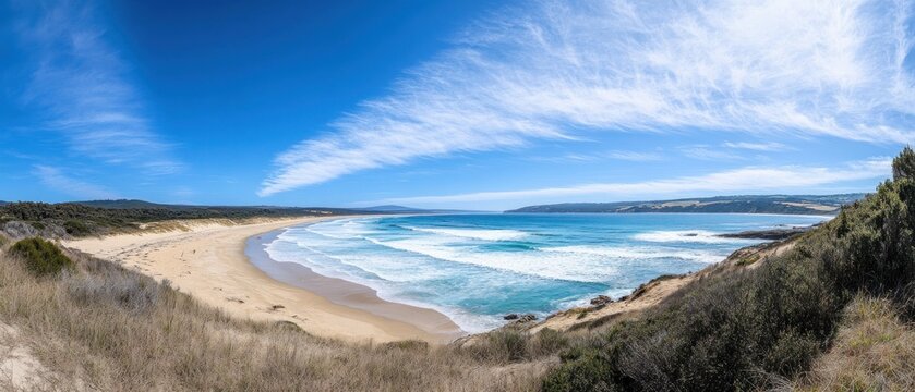 Panoramic View of a Secluded Beach Under a Blue Sky