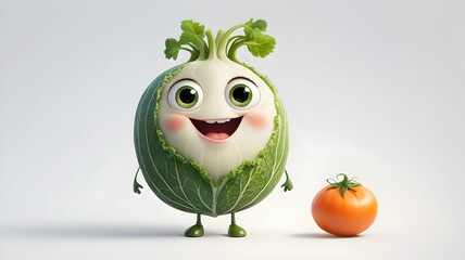 Whimsical High-Quality Anthropomorphic Vegetable Character with Big Eyes, Cheerful Smile, Chubby Body, Cute Accessories, and Soft Textures on a Clean White Background