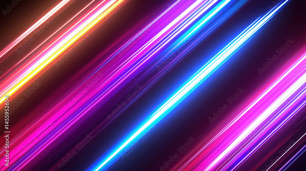 Poster vibrant neon light streaks in dynamic diagonal patterns for modern backgrounds.