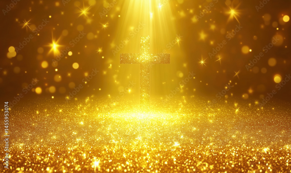 Poster golden cross illuminated by radiant light and sparkling particles in a divine setting.