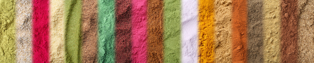 Different superfood powders as background, collage. Banner design