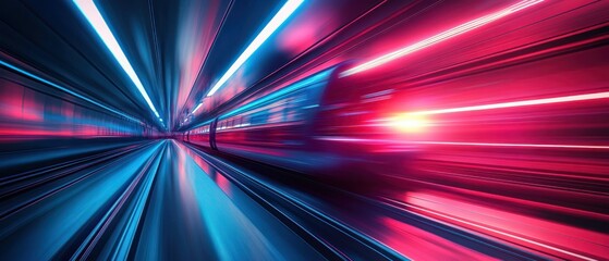 High-speed train races through railway tunnel with motion blur, emphasizing speed and technology.