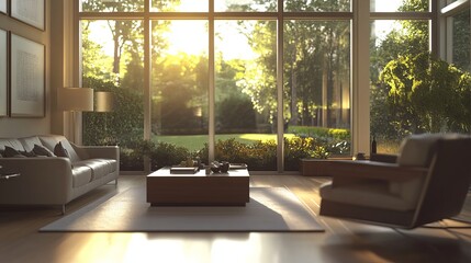 Fototapeta premium Modern Living Room Interior Design Sunlight Through Large Windows Natural Light Bright Spacious Comfortable Furniture Cozy Home Decor Elegant Room 