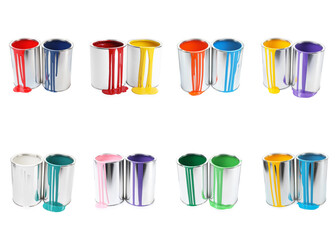 Cans with paint drips of different colors on white background, set