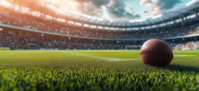 Cricket ball on lush green field in stadium with spectators during match.