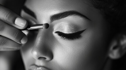 Professional Makeup Application Eye Shadow Brush Closeup Monochrome Beauty Elegant Woman Face Soft Light Studio Shot High Fashion Cosmetics Makeover  