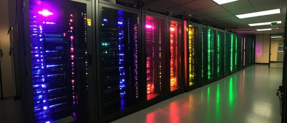 Row of server racks sit neatly in data center, displaying illuminated colorful panels, showcasing modern technology.