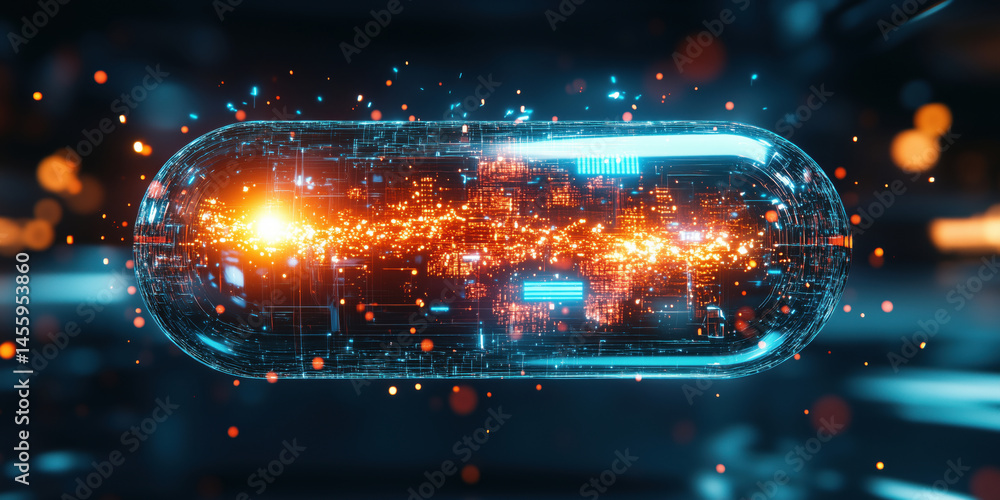 Poster futuristic digital capsule with glowing particles and data streams in vibrant colors.