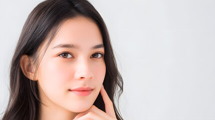 Fototapeta premium Studio portrait of the beautiful smiling Asian woman on white background. Close-up photo of adorable woman