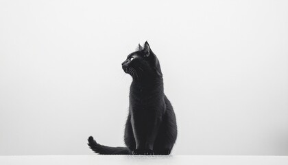 Black Cat Seem Likes The Silhouette Sitting Against Light Background with Profile View and Calm Expression