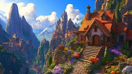 Whimsical Mountain Village Scenery with Majestic Peaks and Charming Cottages Capturing Fairytale Ambiance and Serene Tranquility View