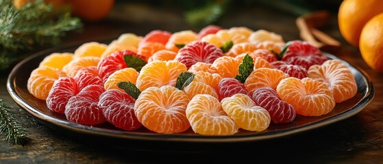 Mandarin orange segments rest arranged on ceramic platter accented by fresh mint sprigs, creating vibrant fruit presentation.