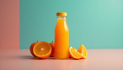 Naklejka premium Freshly squeezed orange juice bottle surrounded by whole and sliced oranges on a pastel-colored surface Generative AI