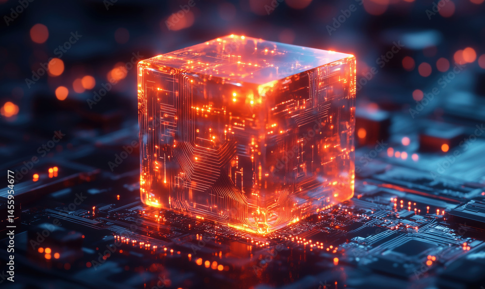 Poster glowing transparent cube with circuit patterns on digital background.