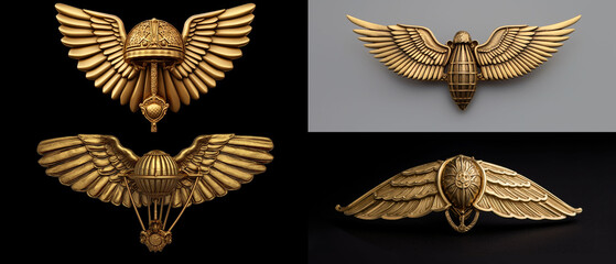 Gold decorative pins with wings and objects.
