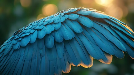 Fototapeta premium Teal feathers adorn the wings of an exotic bird, showcasing nature's vibrant palette in a tropical paradise.