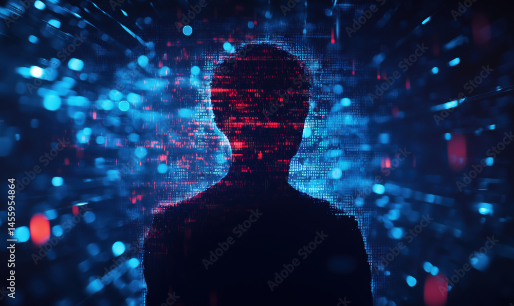 Aufkleber silhouette of a person against a digital background with glowing data streams.