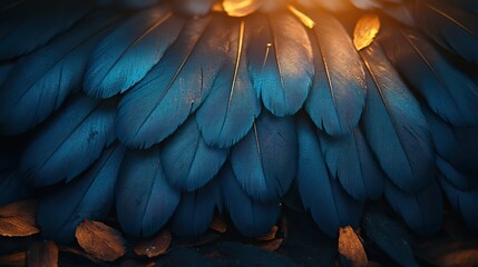Obraz premium Teal feathers drift down from an unseen avian creature, landing softly on a carpet of fallen cinnamon bark.