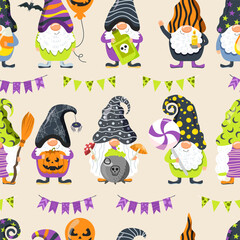 Fun halloween gnomes wearing festive outfits and holding spooky items, seamless pattern for textile, background