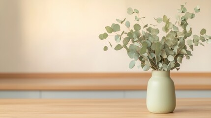 Dried Eucalyptus Leaves in Simple Vase on Wooden Table in Soft Natural Light