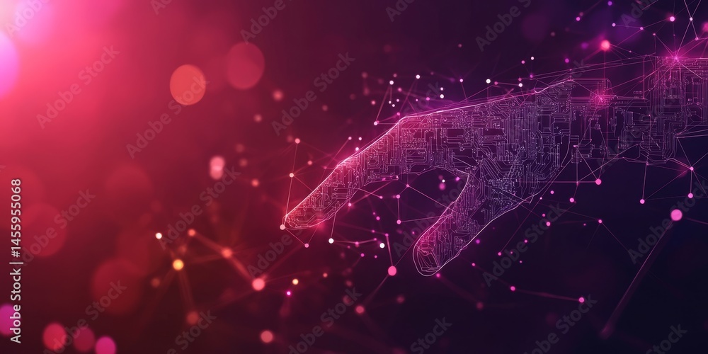 Poster conceptual image of artificial intelligence, a futuristic tech hand connecting with light and data.