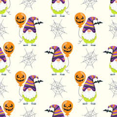 Obraz premium Funny gnomes in Halloween costumes celebrate the holiday. Cartoon scandinavian, seamless pattern