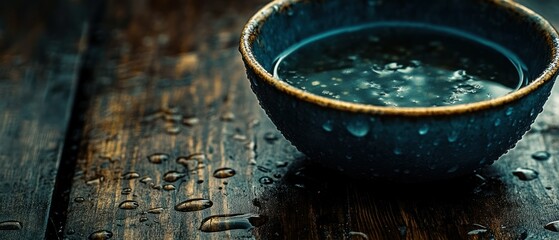 Fototapeta premium Bowl holds water on dark wood table, reflecting dark mood