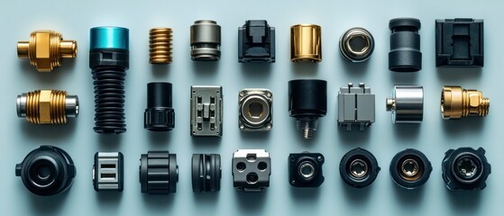 Machine parts are arranged precisely, showcasing different metallic fittings against pale background, emphasizing engineering precision.