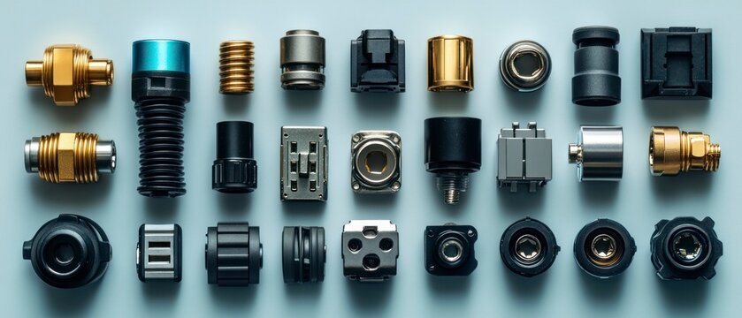 Machine parts are arranged precisely, showcasing different metallic fittings against pale background, emphasizing engineering precision.