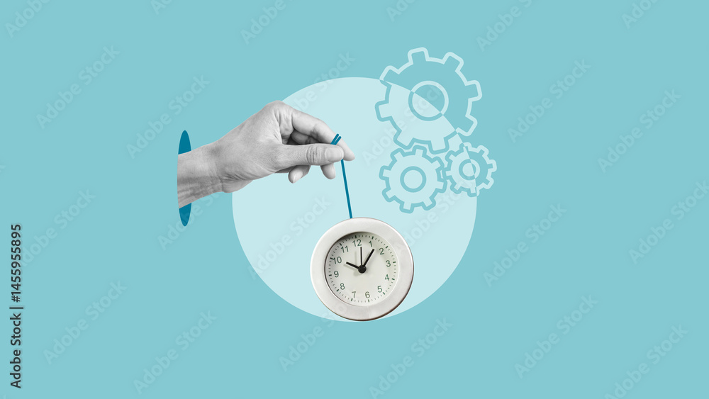 Poster time management is shown by the hand holding an office clock. concept of self warning to get job don