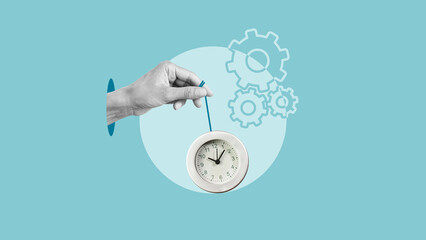 Time management is shown by the hand holding an office clock. Concept of self warning to get job...