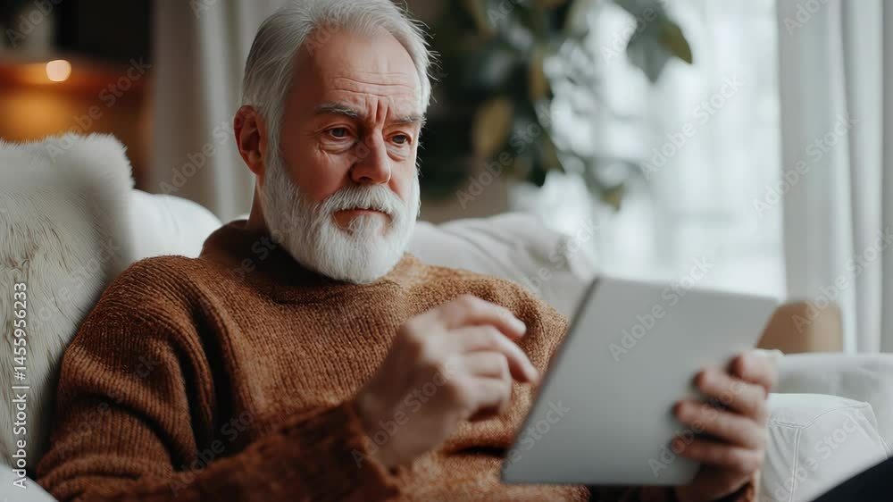 Poster a man of retirement age holds a tablet and uses the smart home mobile application to control various