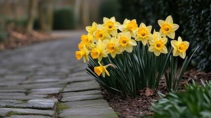 Vibrant Cluster of Golden Daffodils Blooming Beside Cobblestone Pathway in Scenic Garden Setting