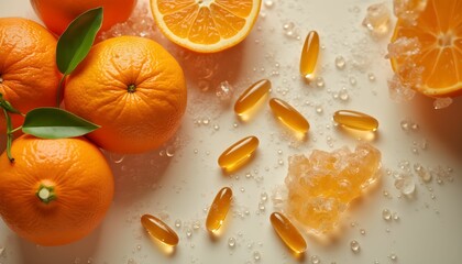 Vibrant oranges with slices alongside vitamins and ice on a clean surface create a refreshing and healthy setting suitable for wellness and nutrition awareness Generative AI