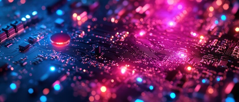 Circuit board displays complex electronic components with vibrant pink and blue neon lights highlighting data processing and connectivity.