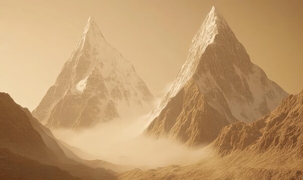 Two snow-capped mountain peaks rise above a hazy, desert-like valley.  A warm, golden light bathes the scene