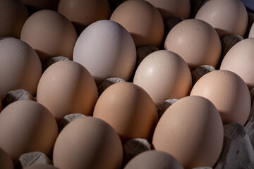 Brown eggs stacked in rows.Group of Fresh white Eggs in a cardboard cassette. Organic food from nature good for health.