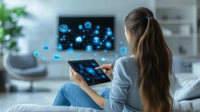 A young modern woman using a mobile application on a Smart Home tablet controls various functions of a smart home. sends text messages, chats online, relaxes, reads e-books, does business, searches fo