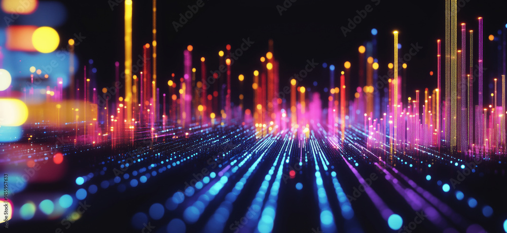 Poster colorful abstract digital landscape with glowing lines and dots representing data visualization.