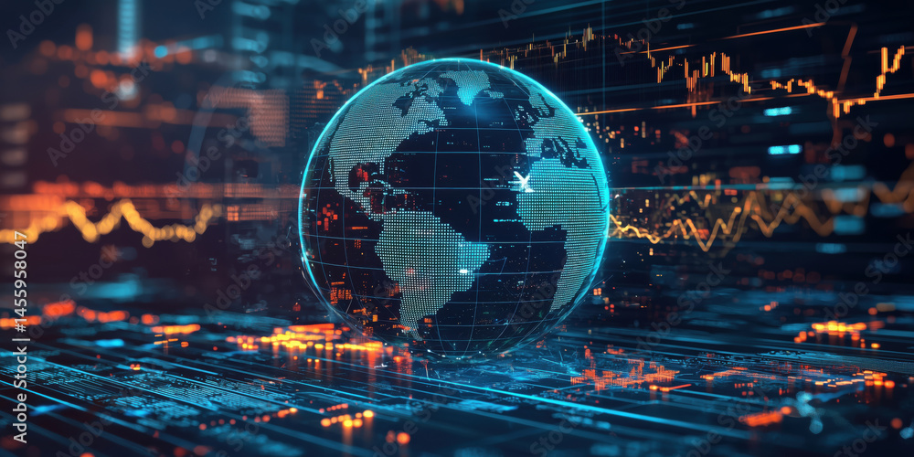 Poster digital globe representing global finance and data analytics with stock market trends.