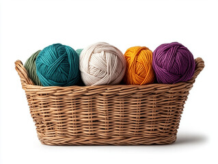 Wicker basket with colorful yarn balls, isolated on white, hobby and craft theme. 